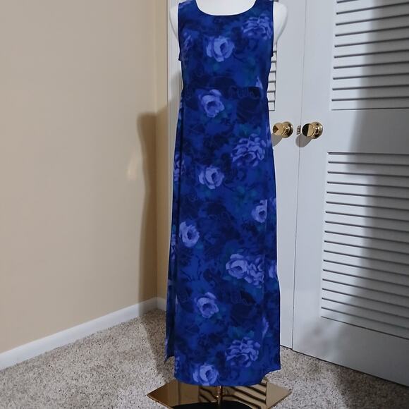 Chadwick's 4 MAXI Sleeveless FLORAL Side-Slit Blue Long Tie-Waist A-Line Dress - Picture 6 of 13